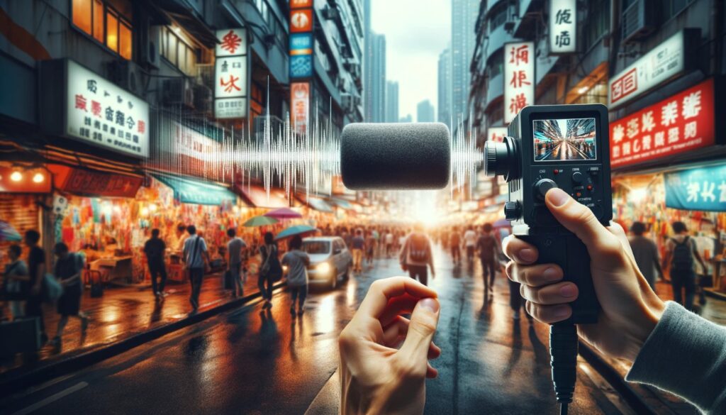 Filmemacher nimmt authentische Straßengeräusche in einer belebten Stadt auf, konzentriert auf die Essenz des Moments mit einem mit 'O-Ton' beschrifteten Aufnahmegerät, um die Bedeutung von originalen, unveränderten Klängen zu betonen.