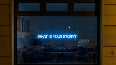 Auf dem Bild ist ein Schriftzug in einem Schaufenster zu sehen, auf dem 'What is your story?' steht. Metapher für Fiktional.