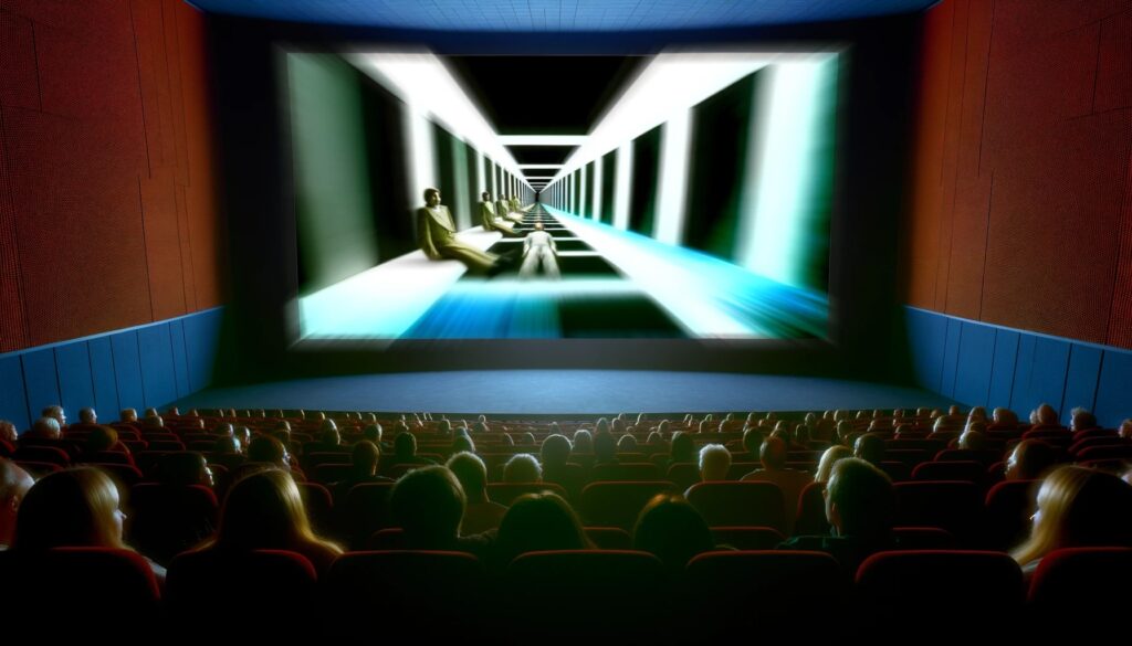 Auf dem Bild ist eine Kinoleinwand zu sehen, in der der Dolly Zoom grafisch dargestellt wird.