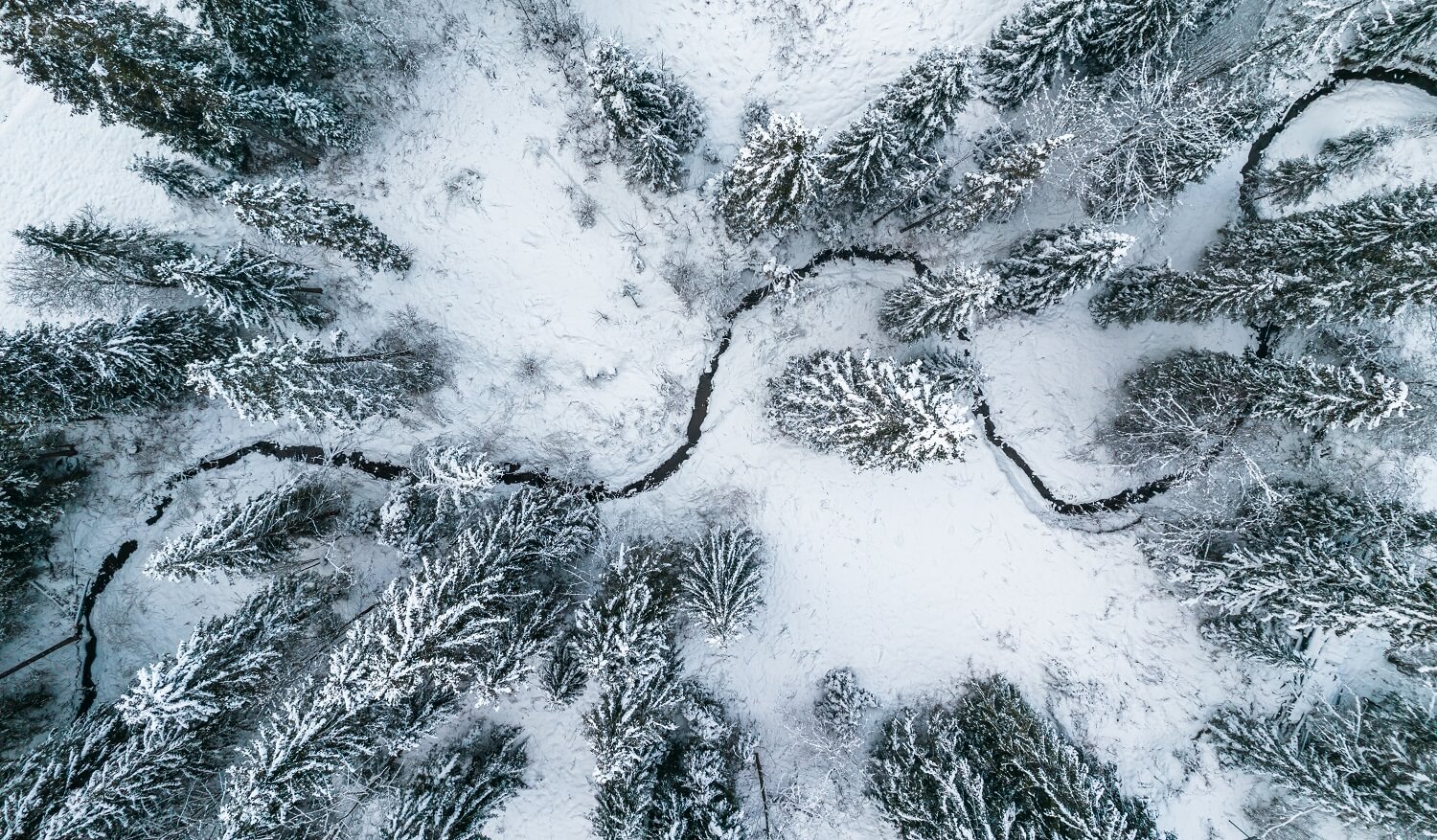 Eine verschneite Winterlandschaft aus der Vogelperspektive einer Kameradrohne.