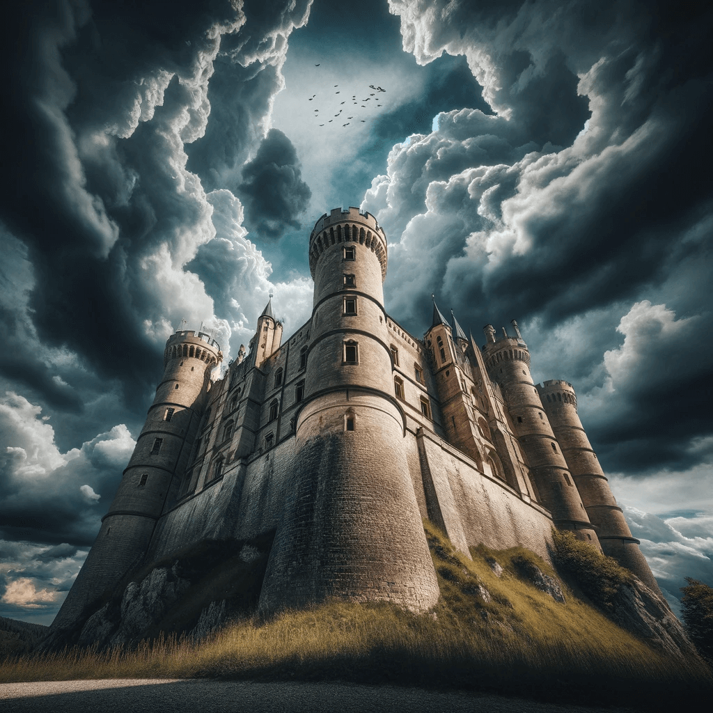 Bild von einer alten Burg aus der Untersicht-Perspektive und bewölktem Himmel