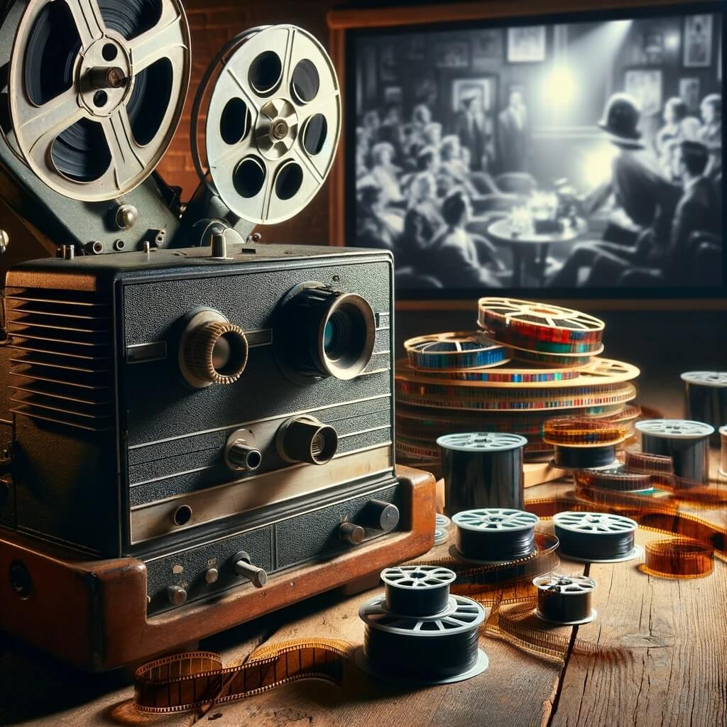 Animiertes Bild von einer alten 16mm Kamera und mehreren Filmrollen