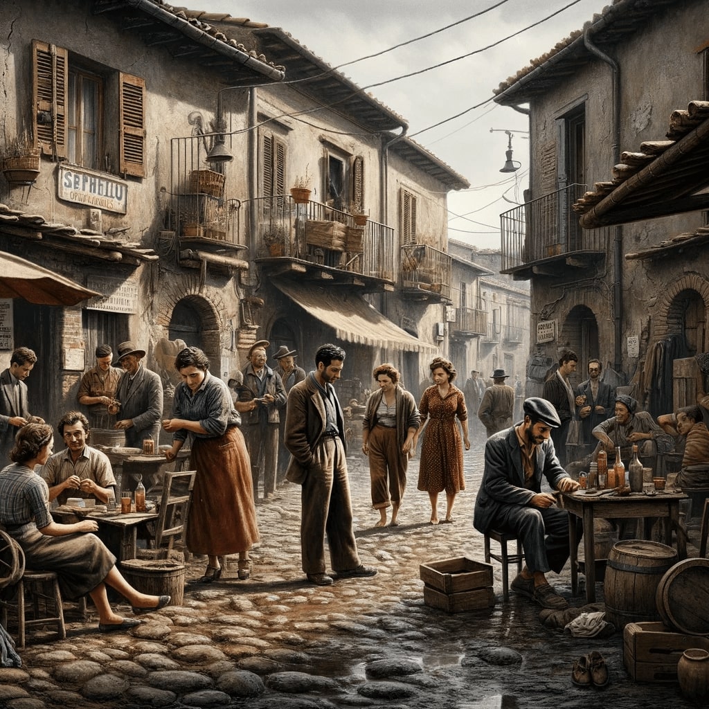Bild von mehreren Personen auf der Strasse aus einem animierten Neorealismus Film