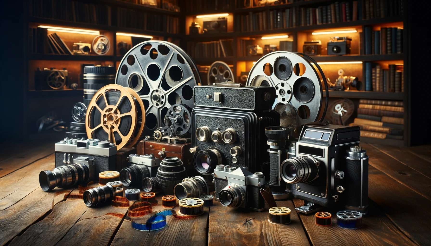 Bild von alten Filmkameras und Filmmaterial in einer Bibliothek