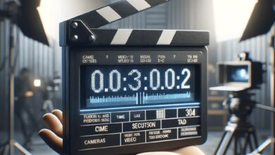 Eine Filmklappe gehalten von einer Hand an einem Filmset, auf der ein Timecode zu sehen ist