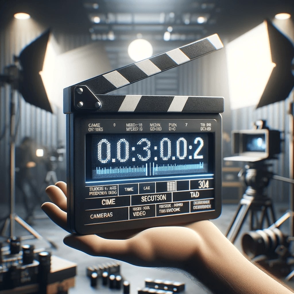Eine Filmklappe gehalten von einer Hand an einem Filmset, auf der ein Timecode zu sehen ist
