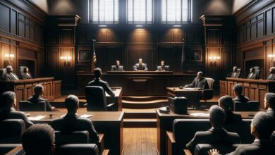 Ein Ausschnitt aus einem animierten Gerichtsfilm zeigt mehrere Personen, die in einem Gerichtssaal sitzen.
