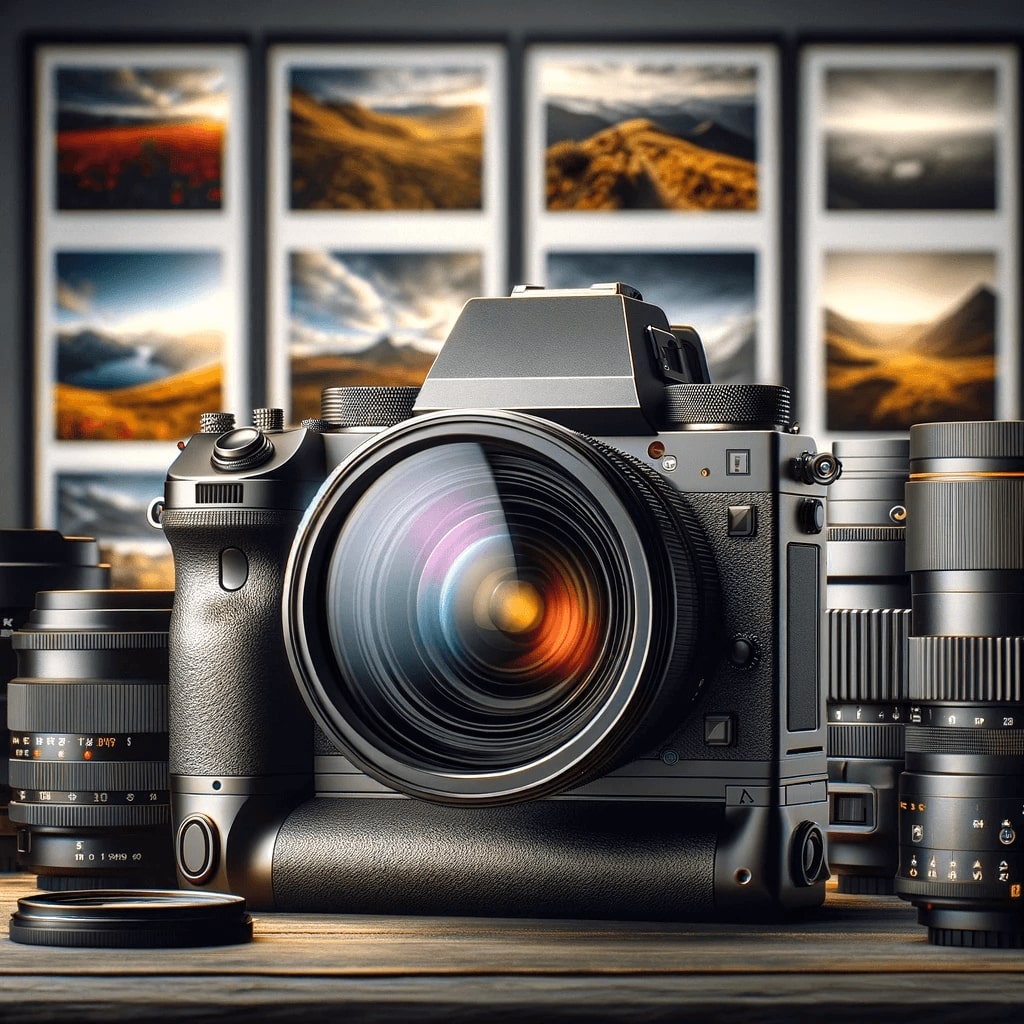Kamera für Vollformat mit verschiedenen Objektiven und Landschaftsbilder im Hintergrund