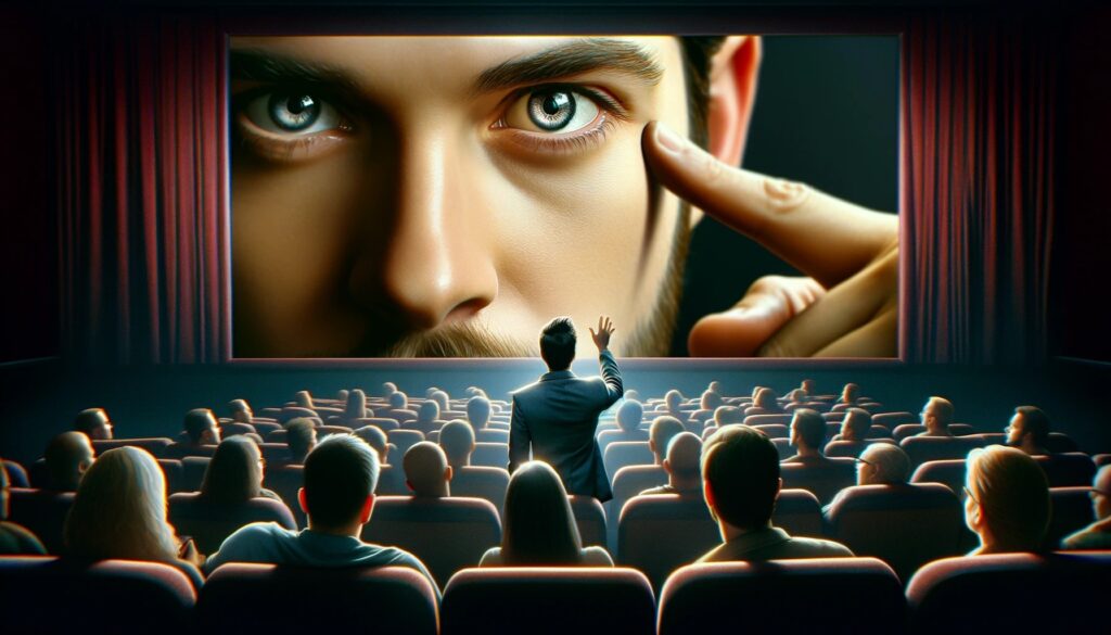 Auf dem Bild ist eine Kinoleinwand zu sehen, die einen Schauspieler zeigt, der direkt zum Publikum schaut.