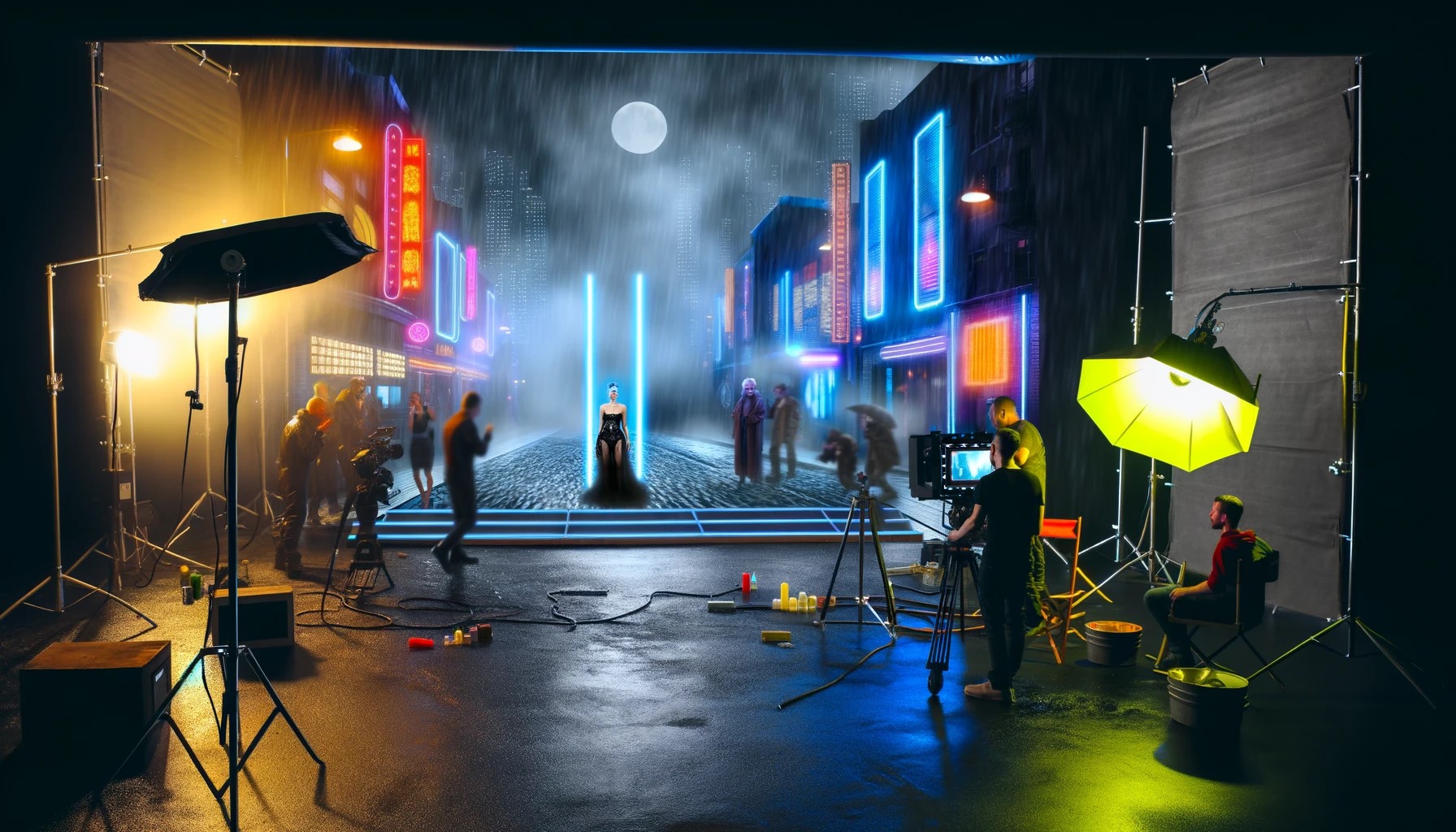 Auf dem Bild ist eine nachgestellte Szene aus dem Film Blade Runner zu sehen, um die Lichtstimmung darzustellen. Es regnet und der Mond ist sichtbar.