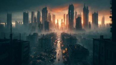 Animiertes Bild einer zerstörten Stadt aus eine Dystopie