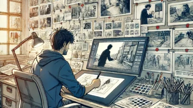 Animiertes Bild von einem Storyboard Artist der an einem Schreibtisch sitzt und arbeitet