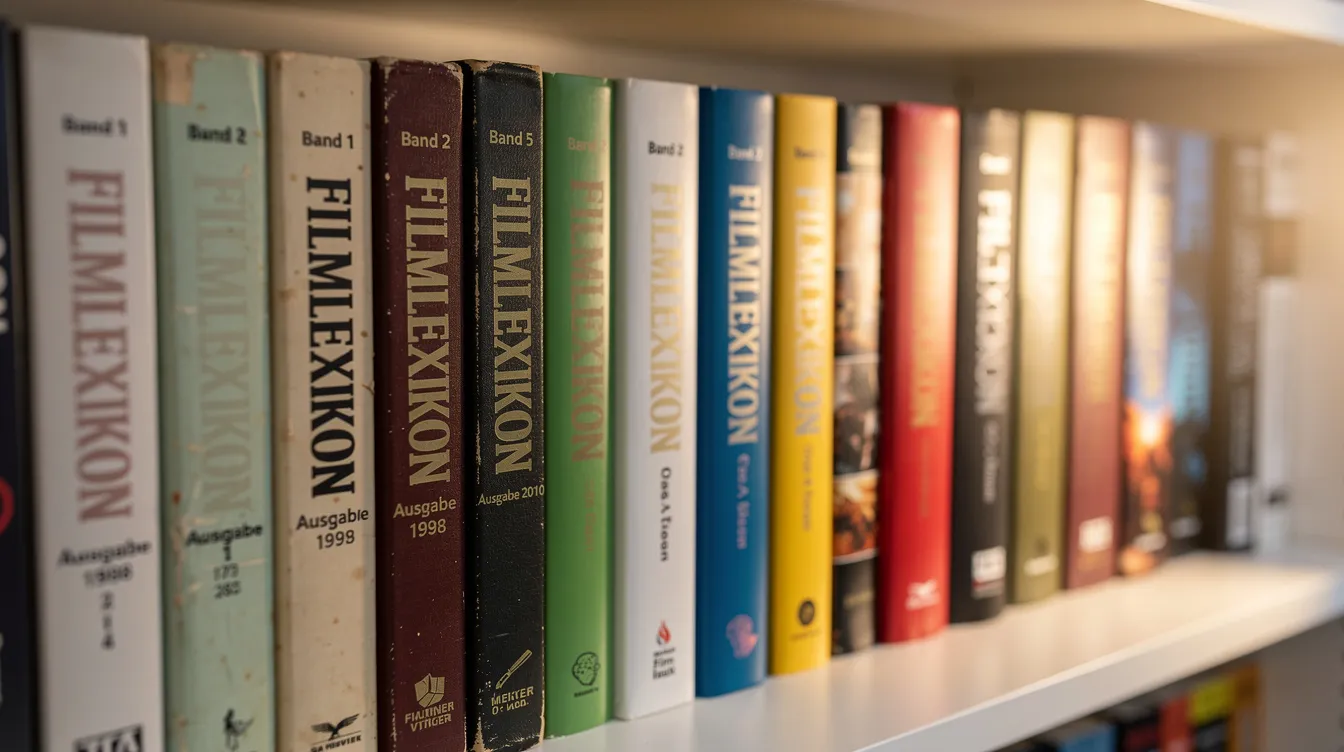 Auf dem Regal sind mehrere verschiedene Buchausgaben eines Filmlexikons nebeneinander aufgereiht, jede mit einzigartigem Cover und unterschiedlichen Farben. Diese Ausgaben bieten einen Überblick über internationale Filme, Filmkritiken und Beiträge zur Filmkultur, und sind ein wertvolles Nachschlagewerk für filminteressierte Leser.