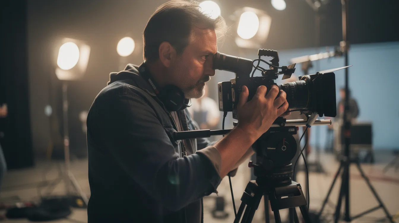 Ein Filmregisseur steht konzentriert am Set und blickt durch den Kamerasucher, während im Hintergrund unscharfe Scheinwerfer und Filmequipment zu sehen sind. Diese Szene vermittelt die kreative Atmosphäre und die Kunst der Filmdramaturgie, die für die Inszenierung von Geschichten entscheidend ist.