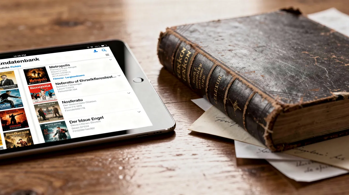 Ein Tablet mit geöffneter Filmdatenbank liegt neben einem alten Lexikonband auf einem Schreibtisch. Diese Kombination aus modernem Nachschlagewerk und traditionellem Lexikon bietet einen Überblick über die Filmkultur und die wichtigsten Filme, die in den internationalen Filmdatenbanken verzeichnet sind.