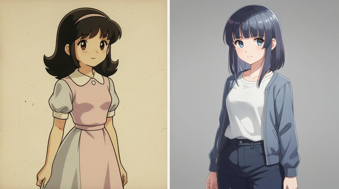 Die Abbildung zeigt einen Vergleich zwischen einer stilisierten Anime-Figur im Retro-Stil der 1960er Jahre und einer modern gezeichneten Anime-Figur mit detaillierter Schattierung. Die Figuren repräsentieren unterschiedliche Epochen des Anime-Genres, wobei die Retro-Figur nostalgische Elemente aufweist, während die moderne Figur durch lebendige Farben und komplexe Details besticht.