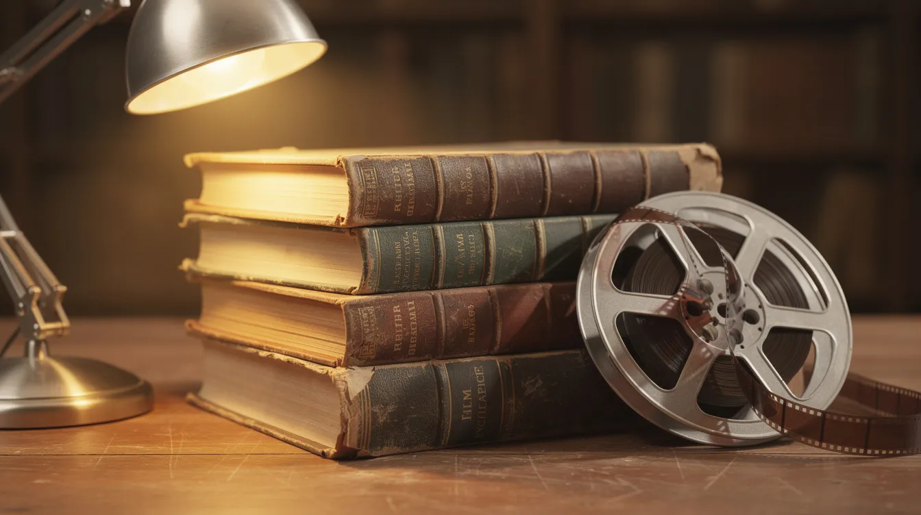Auf einem Holztisch liegen Stapel alter Filmlexikon-Bände, die als Nachschlagewerk für Filminteressierte dienen, neben einer Filmrolle und einer Leselampe. Diese Sammlung umfasst wichtige Beiträge zur Filmkultur und bietet einen Überblick über die internationalen Filme und deren Bewertungen.