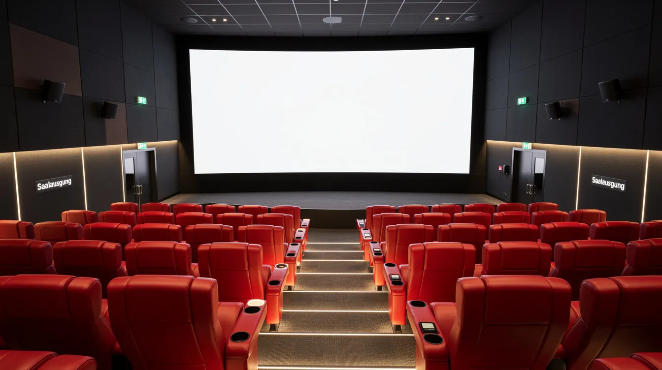 Ein moderner Kinosaal mit einer großen Leinwand und roten Premiumsesseln, der in einem leeren Auditorium mit atmosphärischer Beleuchtung ausgestattet ist. Der Raum strahlt eine einladende Atmosphäre aus, ideal für die neuesten Top Filme und Highlights im Kinoprogramm.