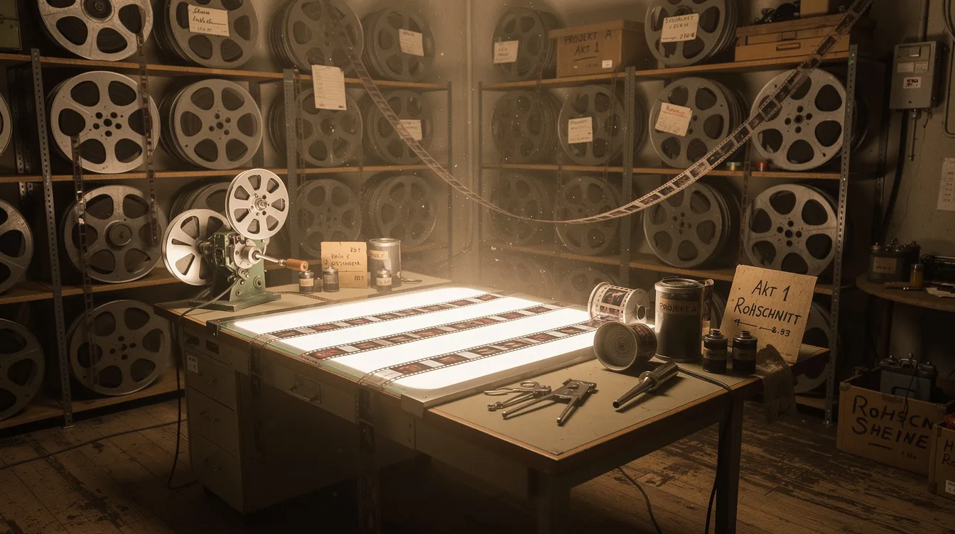 Der historische Schneideraum zeigt analoges Filmmaterial auf Spulen, während ein Leuchttisch bereitsteht, um 35-mm-Filmstreifen zu sichten. In dieser kreativen Umgebung wird die Kunst des Filmschnitts zelebriert, wo Regisseure und Cutter an der perfekten Schnittversion ihrer Werke arbeiten.