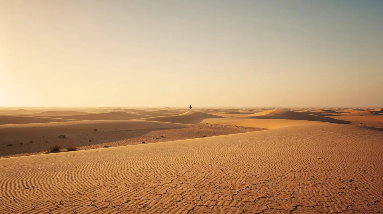 Die Weite der Wüstenlandschaft wird von goldenem Licht durchflutet, während eine kleine Figur am Horizont als Silhouette zu erkennen ist. Diese Szene vermittelt ein Gefühl der epischen Weite und des Abstands, ideal für einen establishing shot in einem Film.