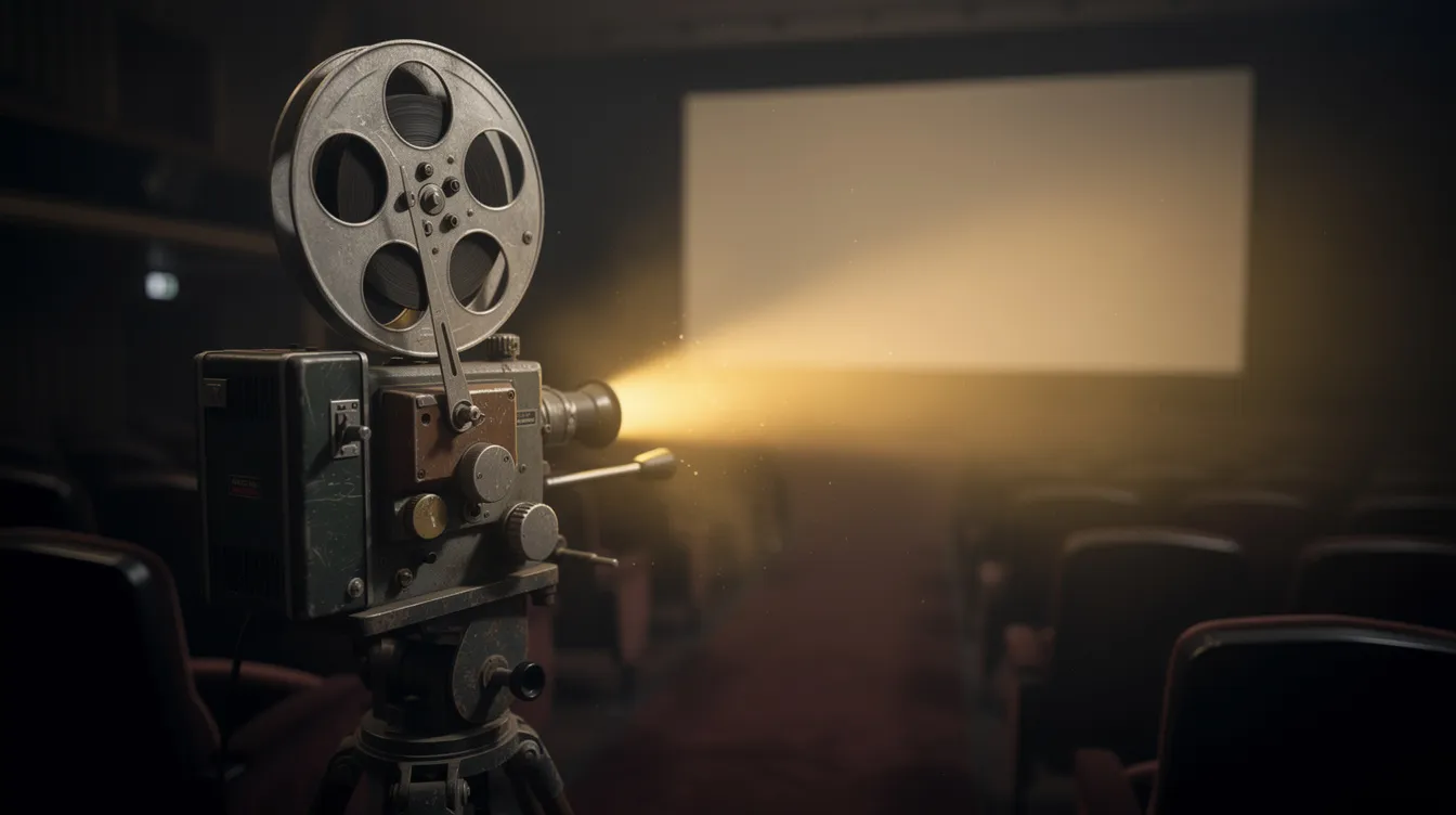 Ein alter Filmprojektor steht in einem verdunkelten Kinosaal, während warmes Licht durch den Projektionsstrahl auf eine leere Leinwand fällt. Diese Szene erinnert an das Nachkriegskino und die Werke von Filmemachern wie Rainer Werner Fassbinder und Wim Wenders, die die deutsche Filmkultur geprägt haben.