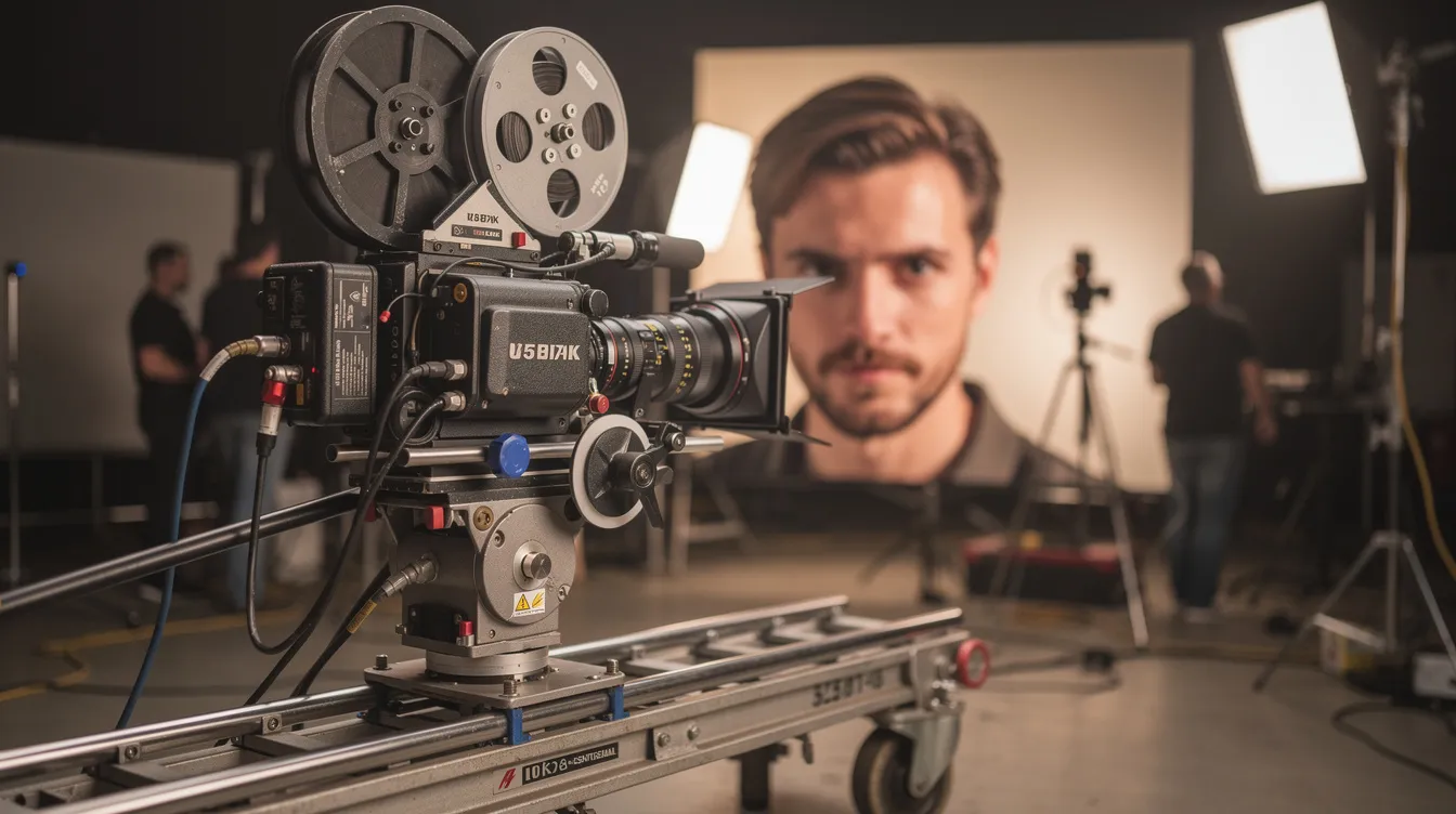 Die Aufnahme zeigt eine Filmkamera auf Schienen, die eine extreme Nahaufnahme eines Schauspielers am Set einfängt. Der Fokus liegt auf dem Gesicht des Schauspielers, wobei Details wie die Augen und der Ausdruck deutlich sichtbar sind.