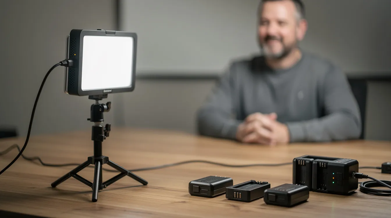 Ein kleines LED-Panel beleuchtet eine Interviewsituation an einem Tisch, während daneben Ersatzakkus und ein kompaktes Ladegerät liegen. Diese Ausstattung ist ideal für Fotografen, die eine hohe Bildqualität und ausreichend Speicherplatz für ihre Aufnahmen benötigen.