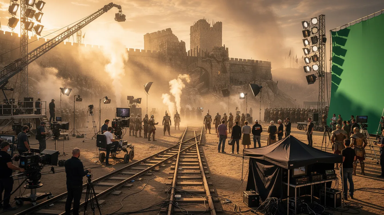 Das Bild zeigt ein episches Filmset mit beeindruckenden Kulissen und einem großen Team von Menschen, die an der Produktion arbeiten. Im Hintergrund sind verschiedene Sonderfahrzeuge zu sehen, die für die Dreharbeiten bereitstehen, während die Atmosphäre von Kreativität und Zusammenarbeit geprägt ist.