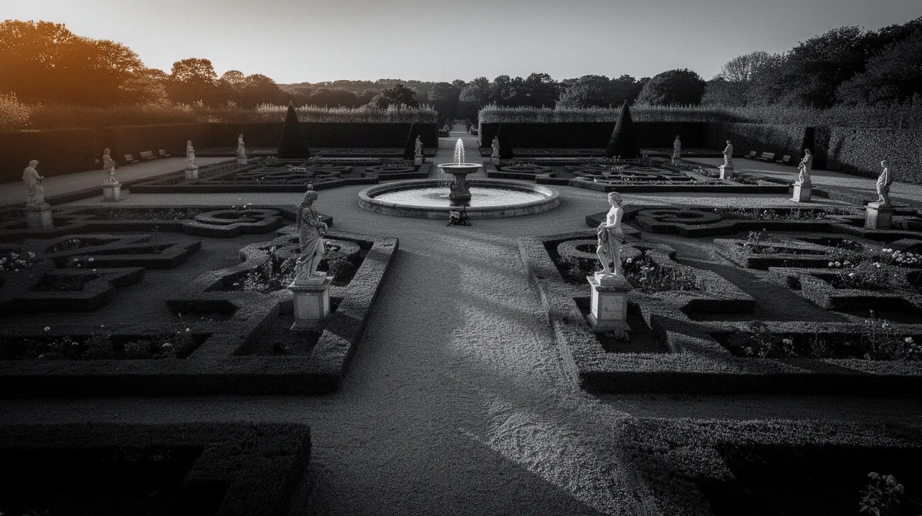 Die Schwarz-Weiß-Aufnahme zeigt einen eleganten Barockgarten mit präzise geschnittenen geometrischen Hecken, die im sanften Abendlicht lange Schatten werfen. Diese Szenerie vermittelt ein Gefühl von Ruhe und Anmut, das an die Filmklassiker der 60er Jahre erinnert.