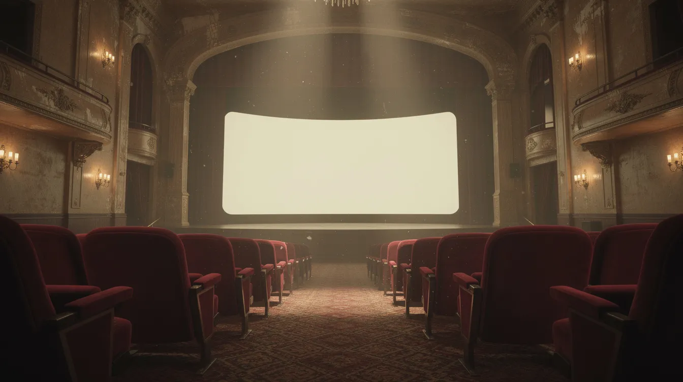 Die Innenansicht eines alten Kinopalasts aus den 1960er Jahren zeigt rote Samtsitze, gedimmtes Licht und eine große Leinwand, die auf die Filmgeschichte verweist. Der nostalgische Charme des Kinos lädt dazu ein, Klassiker und Komödien zu genießen, während man in die Welt der Filme eintaucht.