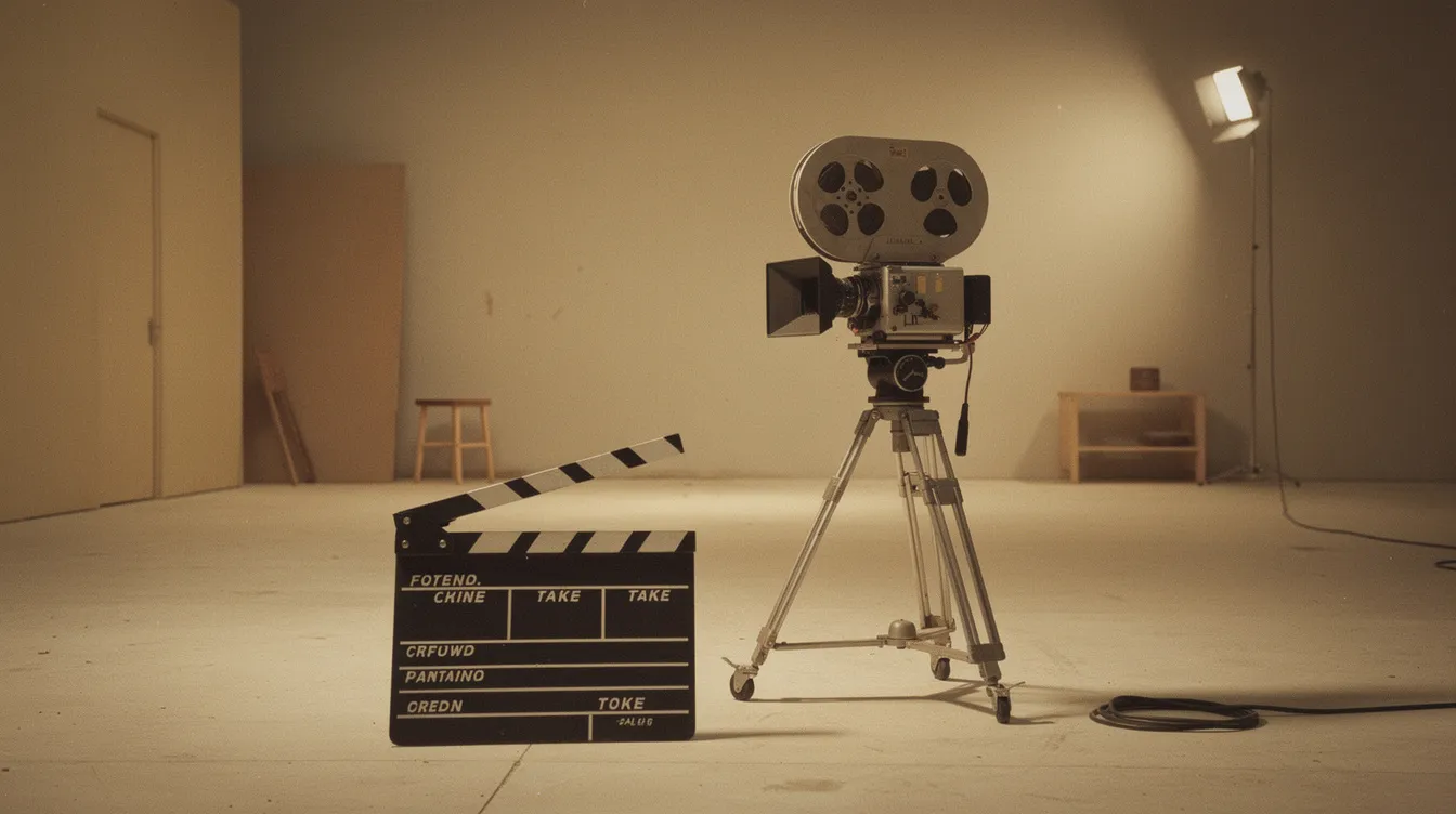 Auf dem Bild ist eine Filmklappe zusammen mit einer 16mm-Kamera zu sehen, die auf einem minimalistisch eingerichteten Filmset der 1970er Jahre platziert sind. Das warme Kunstlicht schafft eine nostalgische Atmosphäre, die an die Werke von Regisseuren wie Rainer Werner Fassbinder und Wim Wenders erinnert, und spiegelt die Ästhetik des deutschen Films dieser Zeit wider.