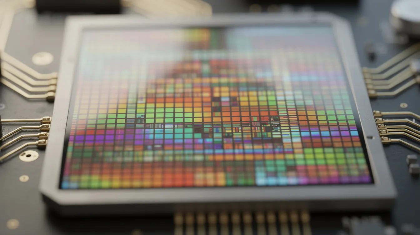 Das Bild zeigt einen Makrofotografie eines CMOS-Kamerasensors, auf dem das Pixelgittermuster sichtbar ist und in Regenbogenfarben reflektiert. Die Details des Sensors verdeutlichen die Eigenschaften und die Technik der Bildverarbeitung in modernen Kameras.