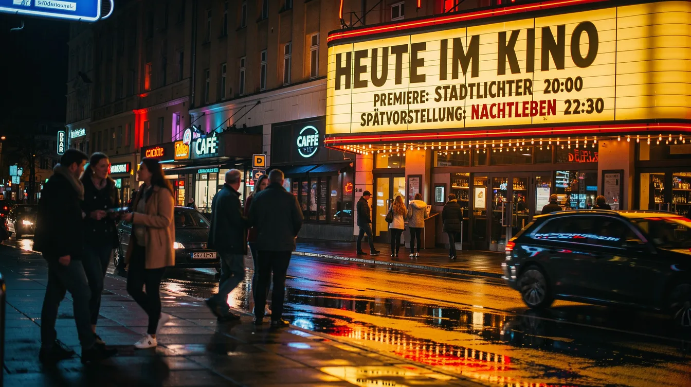 Die städtische Straßenszene bei Nacht zeigt eine lebhafte Atmosphäre mit einer leuchtenden Kino-Reklame, die aktuelle Filme wie "Toy Story 5" bewirbt. Passanten flanieren auf dem Bürgersteig und genießen die Highlights des Kinoprogramms in dieser urbanen Umgebung.