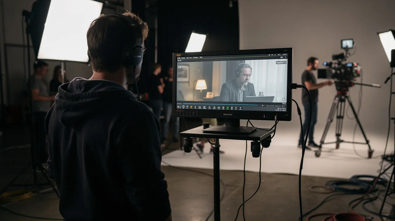 Ein Kameramann steht am Filmset und blickt auf einen großen Monitor, auf dem eine farblich unbearbeitete Log-Aufnahme in flachen Farbtönen angezeigt wird. Die Szene verdeutlicht die technische Seite der digitalen Fotografie und Bildbearbeitung, während der Kameramann die Kameraeinstellungen und die Bildgestaltung im Auge behält.