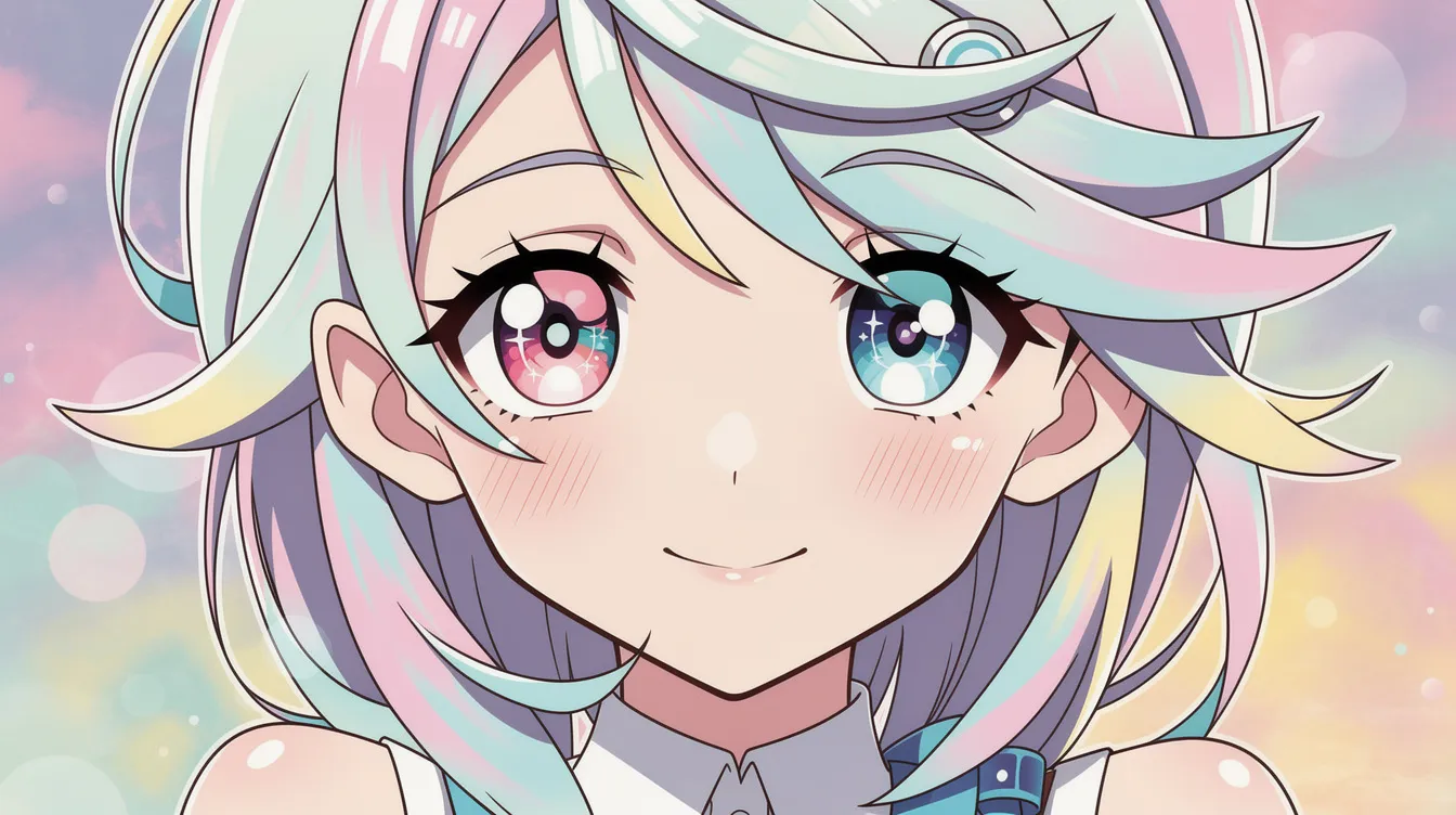 Die Nahaufnahme zeigt eine typische Anime-Figur mit großen, ausdrucksstarken Augen und einer stilisierten Frisur, die vor einem farbenfrohen Hintergrund platziert ist. Diese Darstellung erinnert an beliebte Anime-Serien wie "Death Note" und "Attack on Titan" und vermittelt die lebendige Ästhetik japanischer Animationen.