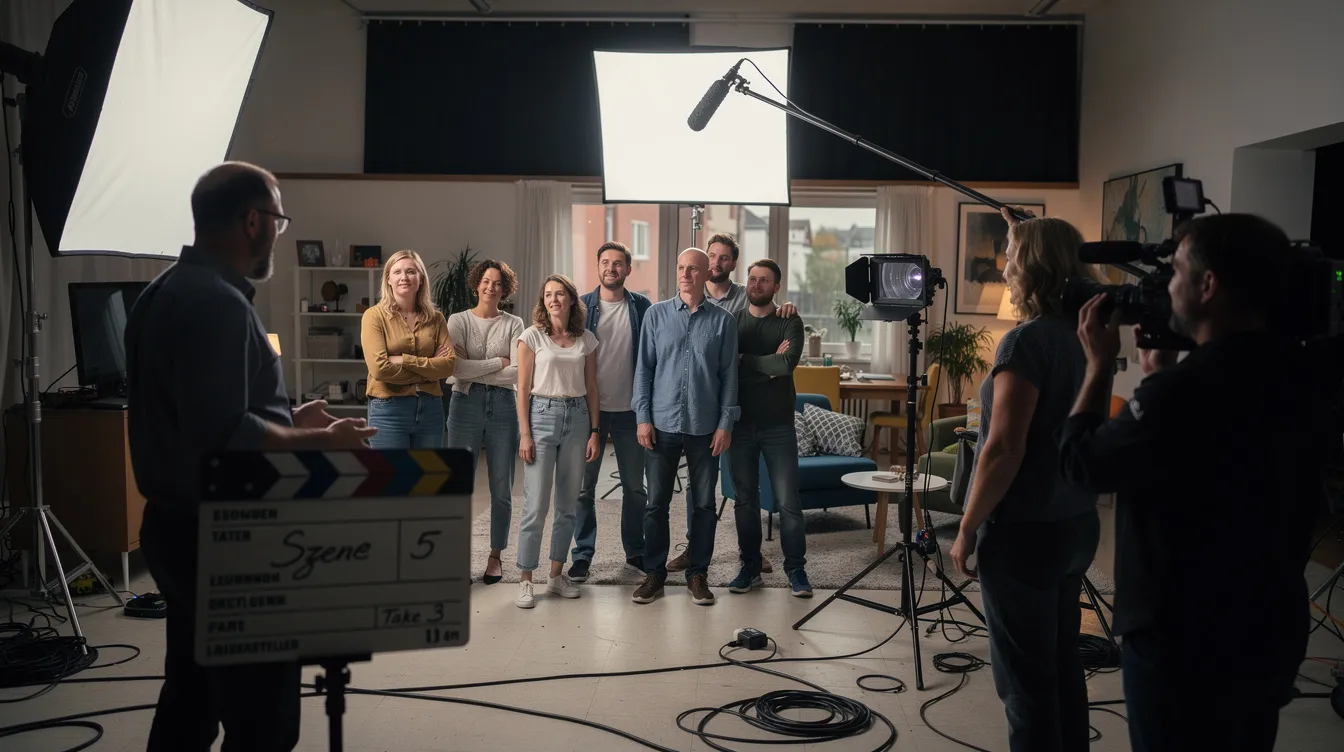 Ein Laiendarsteller steht am Set einer Serie, umgeben von Kameras und Crewmitgliedern. Er trägt ein Kostüm und bereitet sich auf seine Rolle vor, während im Hintergrund das geschäftige Treiben der Produktion zu hören ist.
