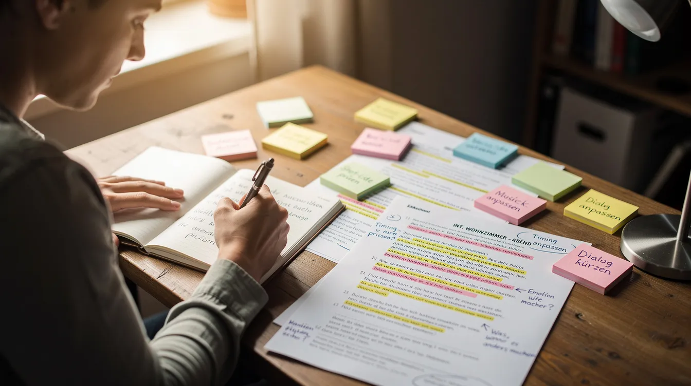 Eine Person sitzt an einem Schreibtisch und macht handschriftliche Notizen in ein Notizbuch, während daneben bedruckte Drehbuchseiten mit farbigen Markierungen und Haftnotizen liegen. Diese Szene vermittelt den kreativen Prozess des Schreibens und der Dramaturgie, der für Theater und Film von großer Bedeutung ist.
