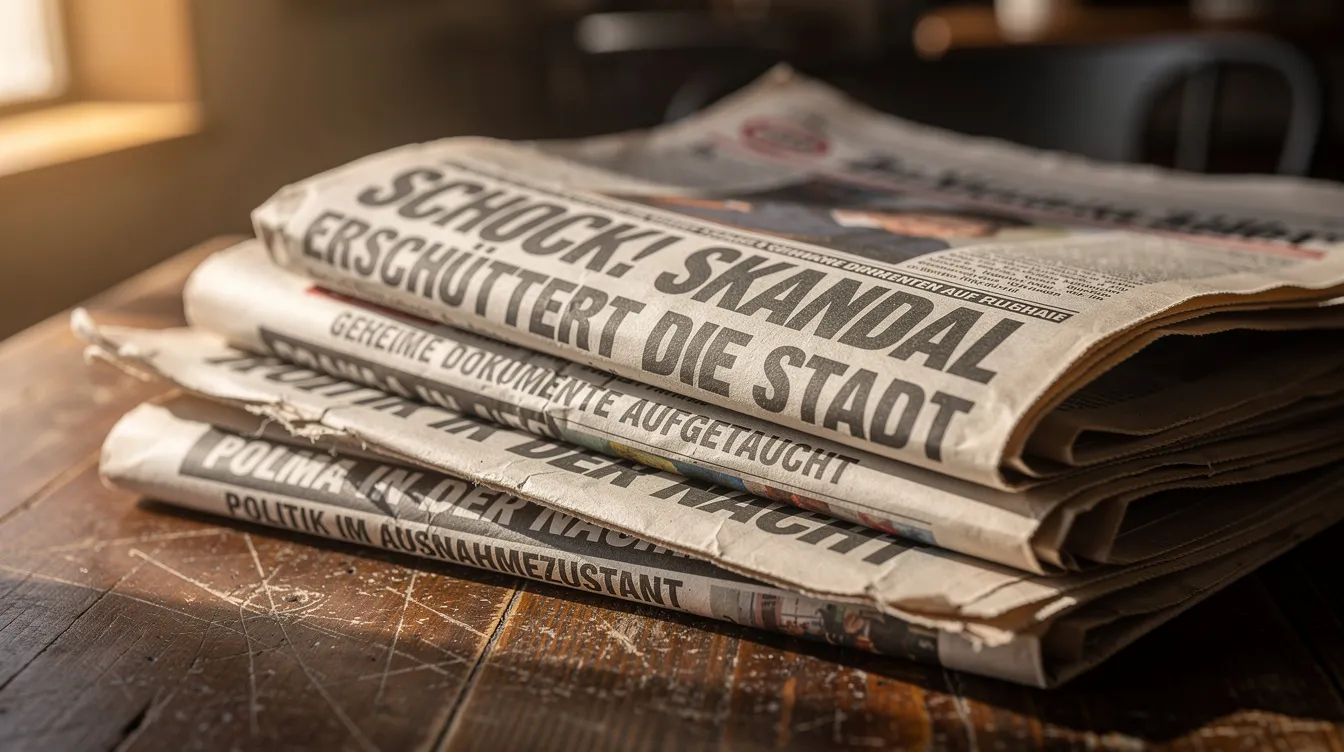 Auf einem Holztisch liegen gestapelte Zeitungen mit reißerischen Überschriften, während der Hintergrund unscharf bleibt. Diese Darstellung könnte an die kritische Auseinandersetzung mit Themen des deutschen Films und der Nachkriegszeit erinnern, wie sie von Regisseuren wie Rainer Werner Fassbinder oder Wim Wenders behandelt wurden.