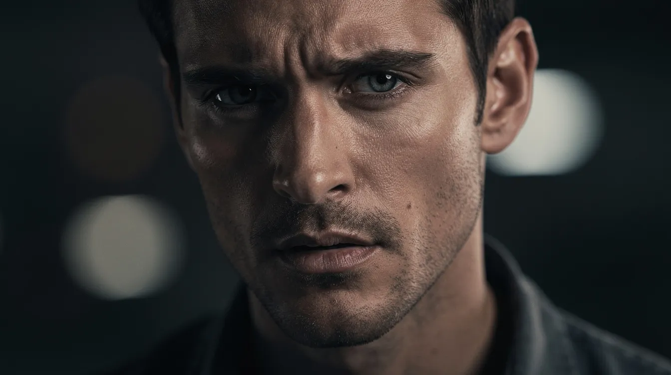 Die Nahaufnahme zeigt einen Schauspieler mit einem intensiven Gesichtsausdruck, dessen Augen und Mund stark im Fokus stehen, während der dunkle, unscharfe Hintergrund die emotionale Wirkung der Szene verstärkt. Diese Detailaufnahme vermittelt eine intime Verbindung zum Betrachter und hebt die Ausdruckskraft des Gesichts hervor.