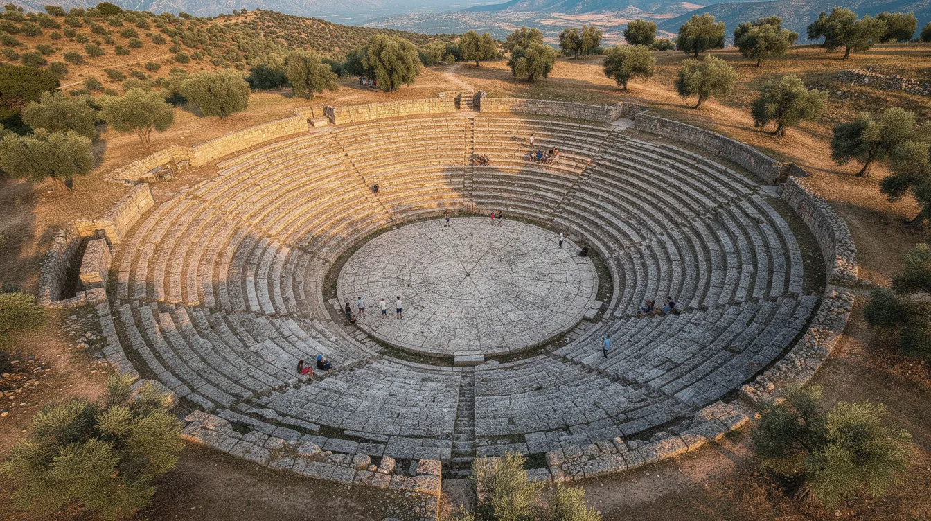 Das Bild zeigt ein antikes griechisches Amphitheater aus Stein aus der Vogelperspektive, mit halbrunden Sitzreihen, die sich um eine zentrale runde Bühne gruppieren. Diese beeindruckende Darstellung vermittelt die Bedeutung des Theaters in der Geschichte der Dramatik und der Kunst, wo Zuschauer und Darsteller in einem dramatischen Spiel miteinander interagieren.