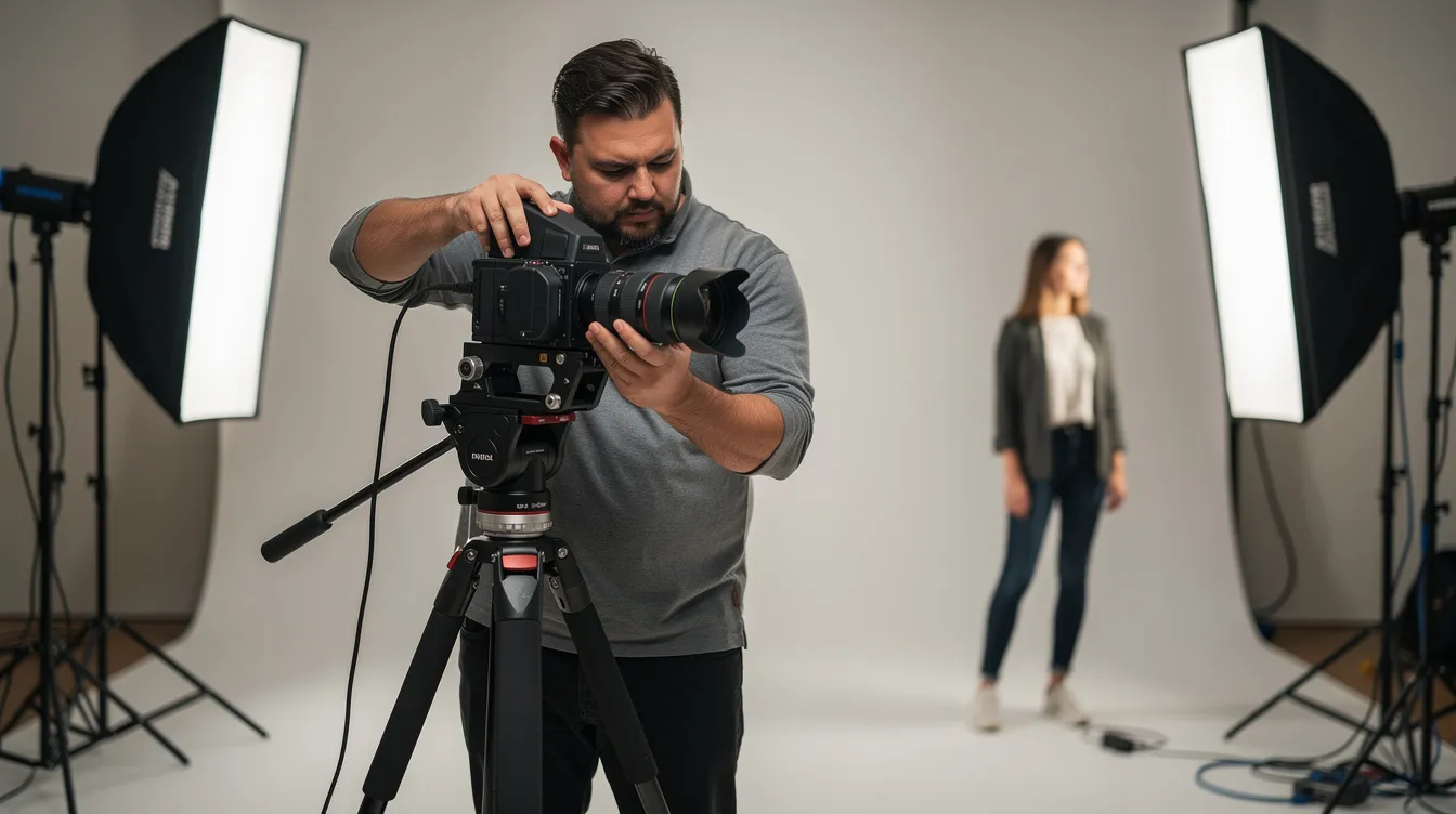 Ein Portraitfotograf arbeitet mit einer Mittelformatkamera auf einem Stativ in einem Studio, das mit kontrollierter Beleuchtung ausgestattet ist. Im Hintergrund ist ein unscharfes Modell zu sehen, während der Fokus auf den Kamerasensoren und der Bildverarbeitung liegt, um eine hohe Bildqualität zu gewährleisten.