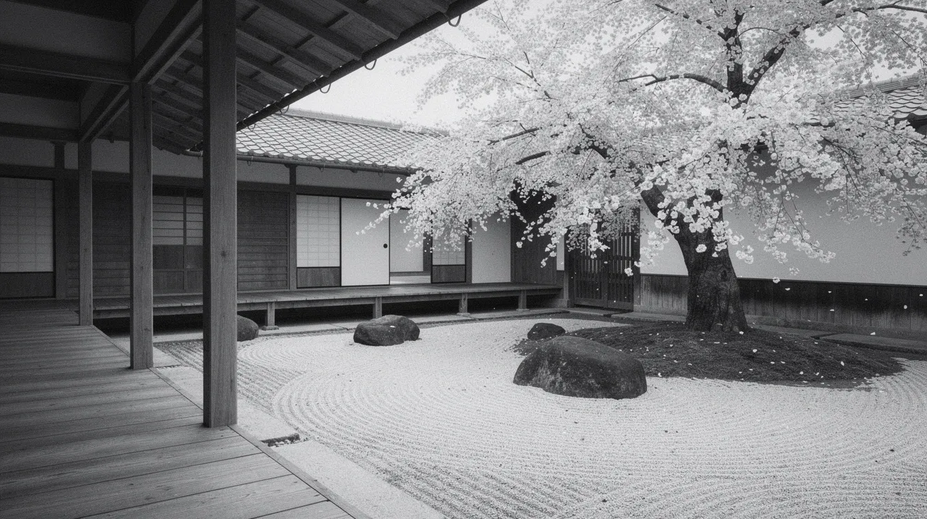 Ein traditioneller japanischer Innenhof mit einer Holzveranda, einem sorgfältig gestalteten Steingarten und einem blühenden Kirschblütenbaum in einer eleganten Schwarz-Weiß-Ästhetik. Diese harmonische Szene vermittelt ein Gefühl von Ruhe und zeitloser Schönheit, das an die Klassiker der Filmgeschichte erinnert.