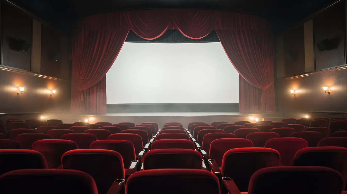 Das Bild zeigt eine große Kinoleinwand in einem leeren Kinosaal, umgeben von einem roten Samtvorhang und gedämpftem Licht, das eine ruhige und elegante Stimmung erzeugt. Diese Szene könnte auf eine bevorstehende Filmvorführung hinweisen, möglicherweise eine besondere Schnittversion oder eine Testvorführung für den Regisseur.
