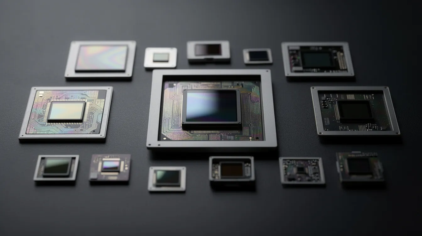 Nahaufnahme von verschiedenen Kamerasensoren, darunter CMOS- und CCD-Sensoren, die auf einer dunklen, matten Oberfläche angeordnet sind. Die reflektierenden Siliziumchips zeigen unterschiedliche Sensorgrößen, die in der Fotografie und Bildverarbeitung eine wichtige Rolle spielen.
