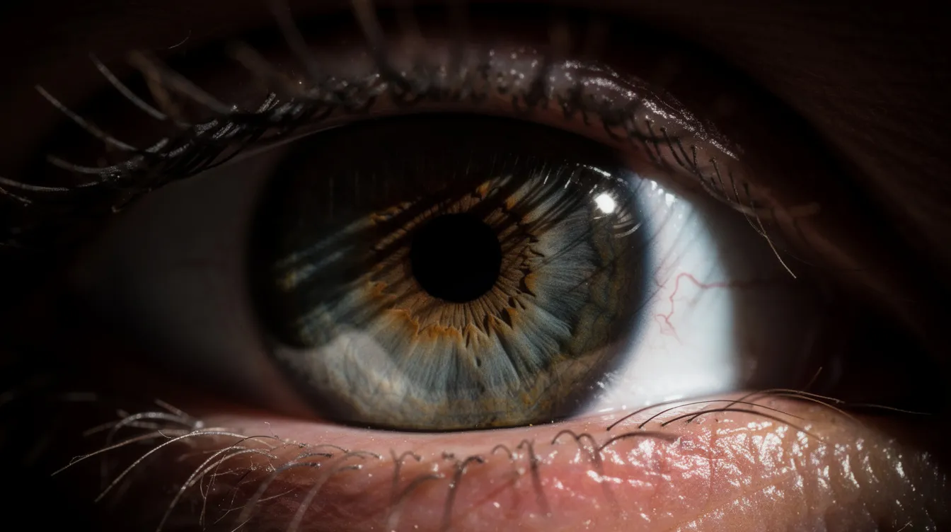 Die extreme Nahaufnahme eines menschlichen Auges zeigt die detaillierte Iris-Struktur und die feinen Wimpern, beleuchtet von dramatischem Licht, das die Intensität und Ausdruckskraft des Blicks verstärkt. Diese Detailaufnahme vermittelt einen eindrucksvollen Überblick über die Mimik und die Wirkung des Gesichts.