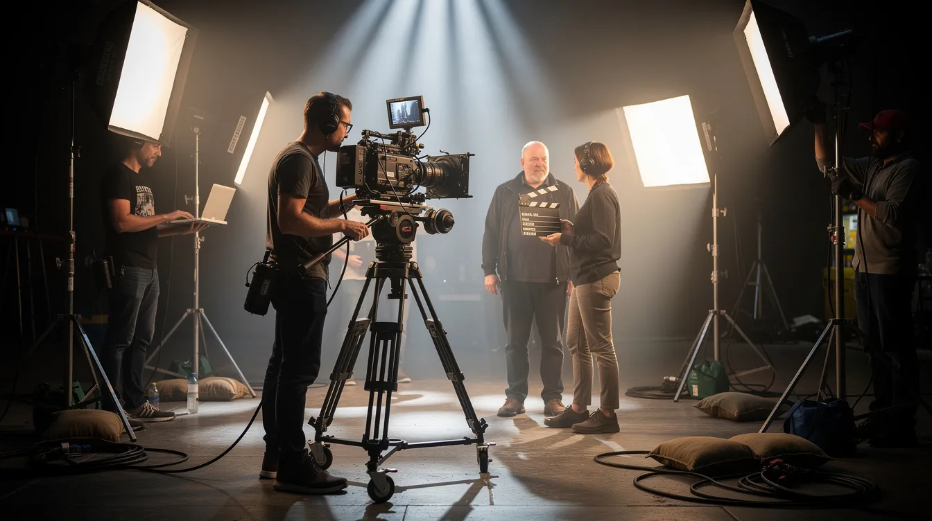 Ein Filmproduktionsteam arbeitet an einem Set mit einer professionellen Digitalkamera auf einem Stativ, umgeben von dramatischer Studio-Beleuchtung, die sichtbare Lichtstrahlen erzeugt. Die Kamera, ausgestattet mit einem CMOS-Sensor, fängt die Details der Szene ein und sorgt für eine hohe Bildqualität.
