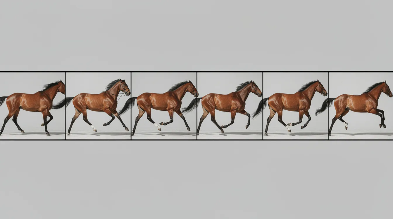 Die Bildsequenz zeigt ein galoppierendes Pferd in zwölf Einzelbildern, angeordnet wie auf einem Filmstreifen vor einem neutralen Hintergrund. Diese Darstellung erinnert an die Anfänge der Filmgeschichte und die Entwicklung der Bewegung in der Fotografie.