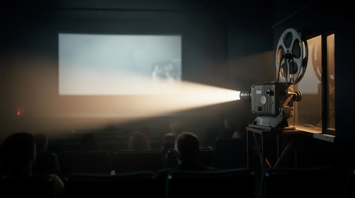 Ein Filmprojektor steht in einem abgedunkelten Kinosaal und wirft einen klaren Lichtstrahl auf eine große Leinwand, auf der die Szenen des Films sichtbar werden. Die Atmosphäre ist geprägt von der Spannung und Kreativität, die mit der Filmproduktion und dem Regisseur verbunden sind.