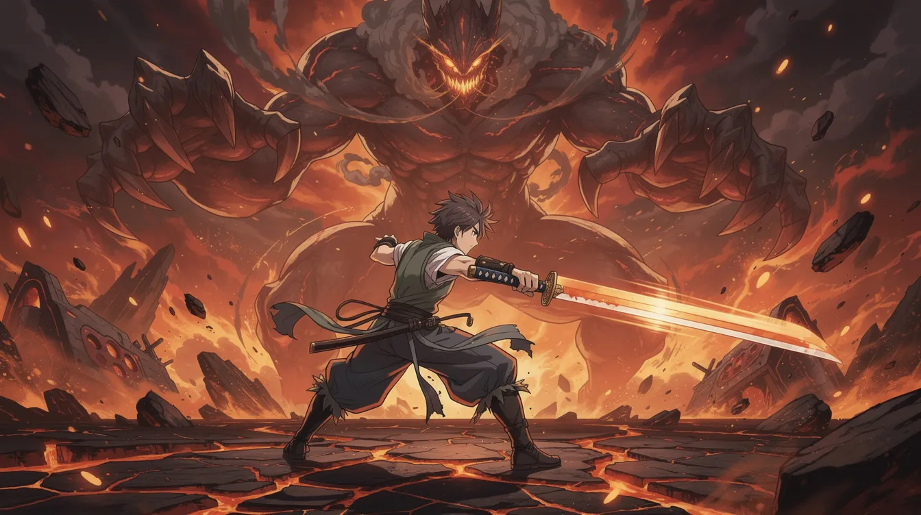 In einer dynamischen Kampfszene im Anime-Stil kämpft ein mutiger Schwertkämpfer gegen ein riesiges Monster vor einem feurigen Hintergrund. Die intensive Atmosphäre und die beeindruckende Animation erinnern an beliebte Anime-Serien wie "Attack on Titan" und "Demon Slayer".