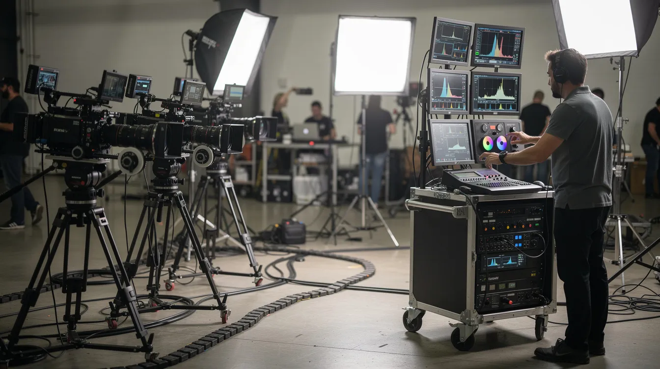 Ein professionelles Filmset zeigt mehrere Kameras auf Stativen, während ein Techniker an einem Monitor-Wagen die Farbeinstellungen kontrolliert. Die Szene verdeutlicht die Anwendung moderner Kameratechnik und Bildbearbeitung in der digitalen Fotografie.